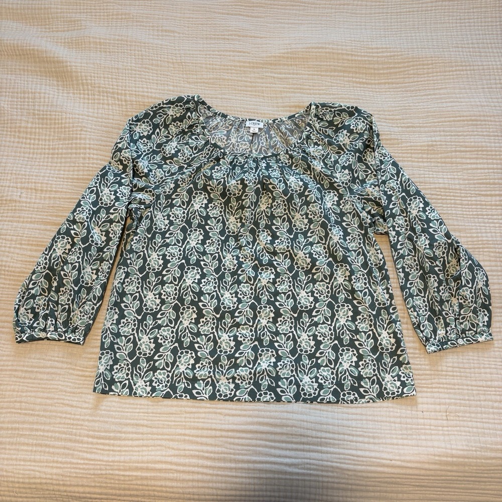 J. Crew Printed Scoop neck top Women's Sz Small Floral Green 100% cotton Preppy